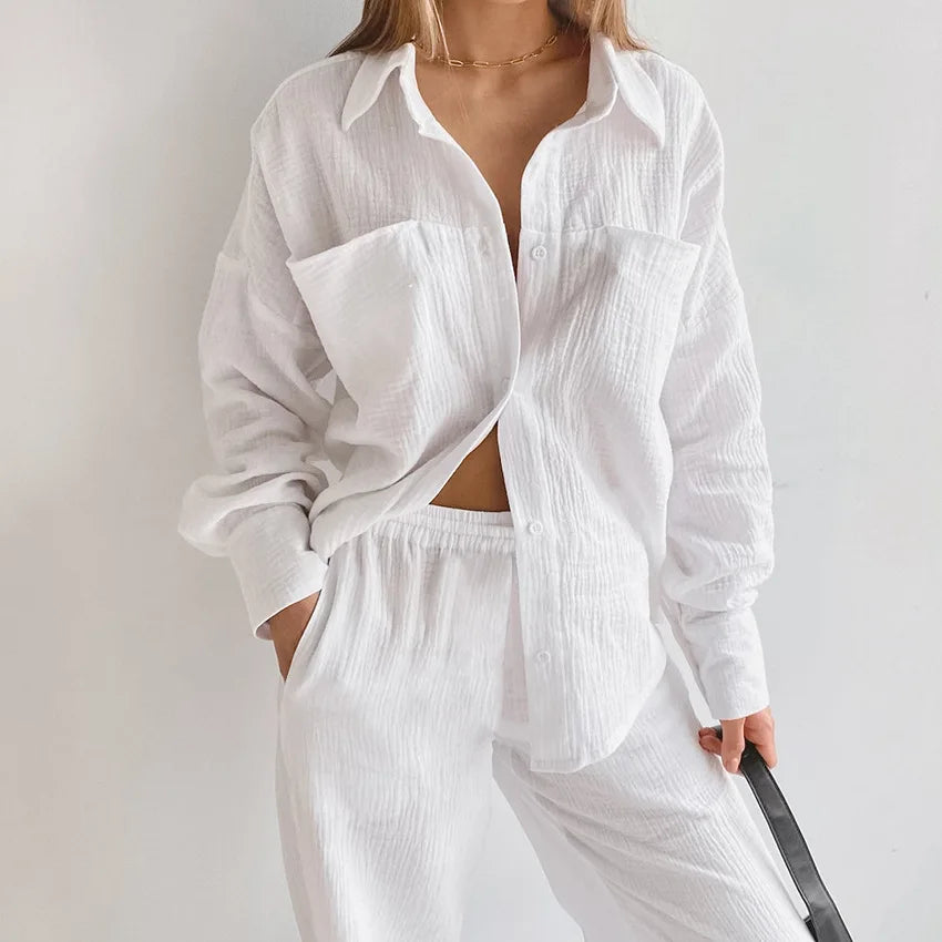 Full Sleeve Single Breasted Wide Leg Pants Pajama Set