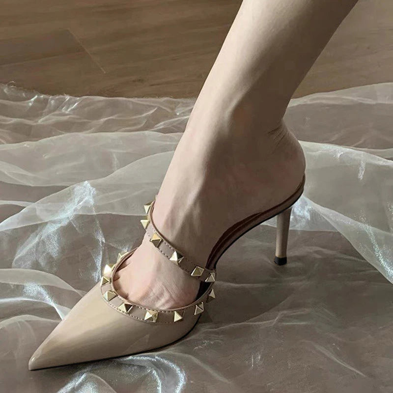 Nude Studded Pointed Toe Single Strap Half-Slippers