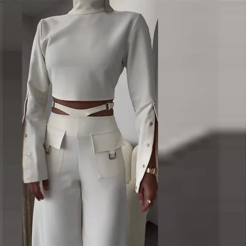 Full Sleeve Turtleneck Top Wide Leg Long Pants Set