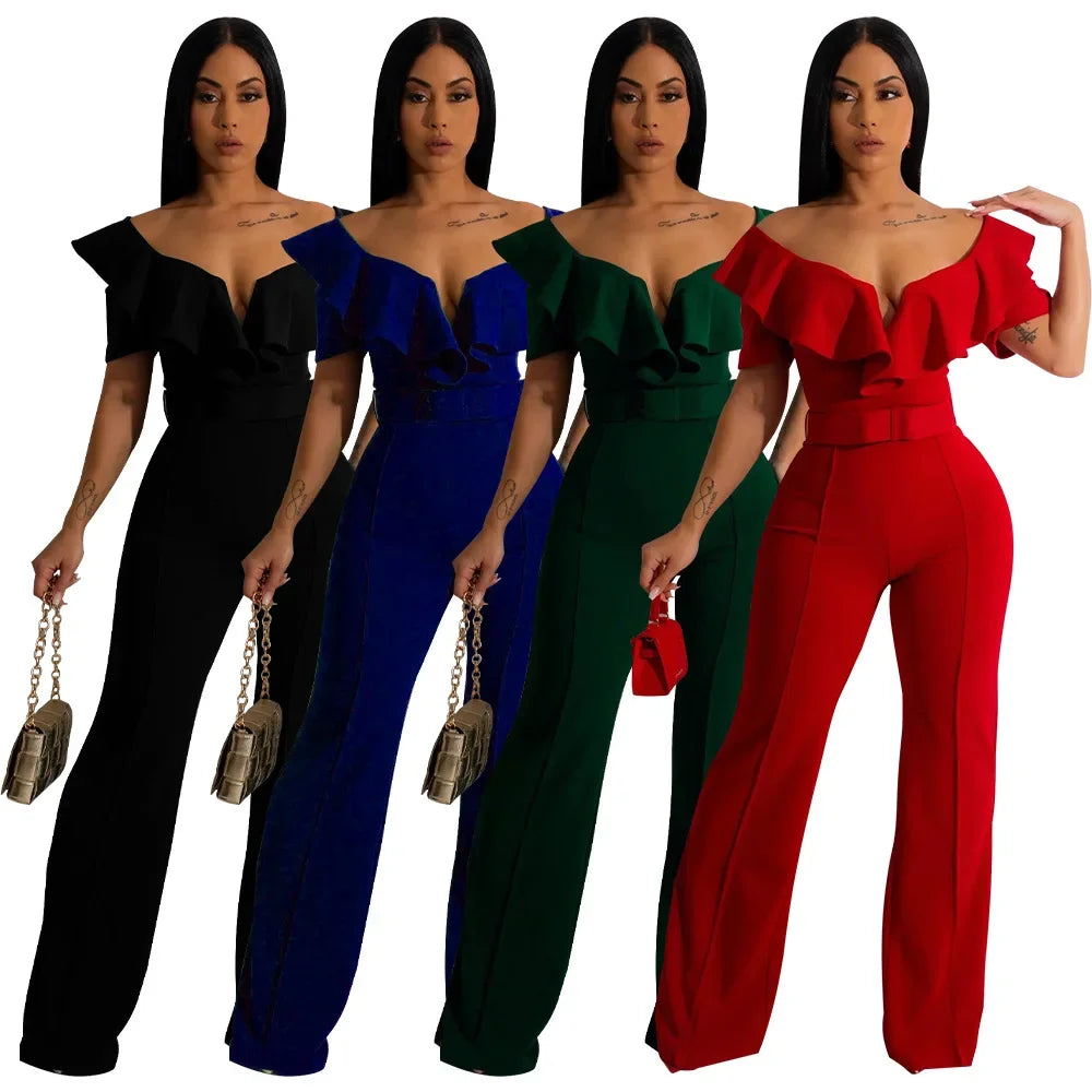 Ruffle Edge V-neck Fitted Waist One-piece