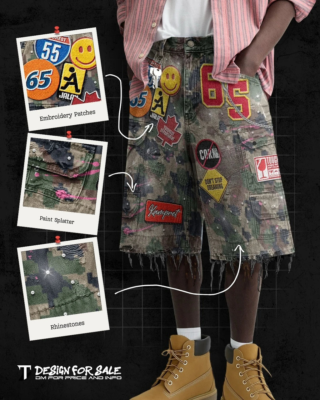 American Retro Camo Embroidery Patch Denim Short Jeans