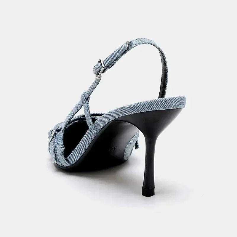 Sexy Pointed Toe High Heel Sandals for Lady Blue Denim Stilettos Fashion Buckle Strap Elegant Women's Shoes 2025 Summer Footwear