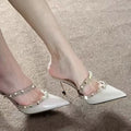 Nude Studded Pointed Toe Single Strap Half-Slippers