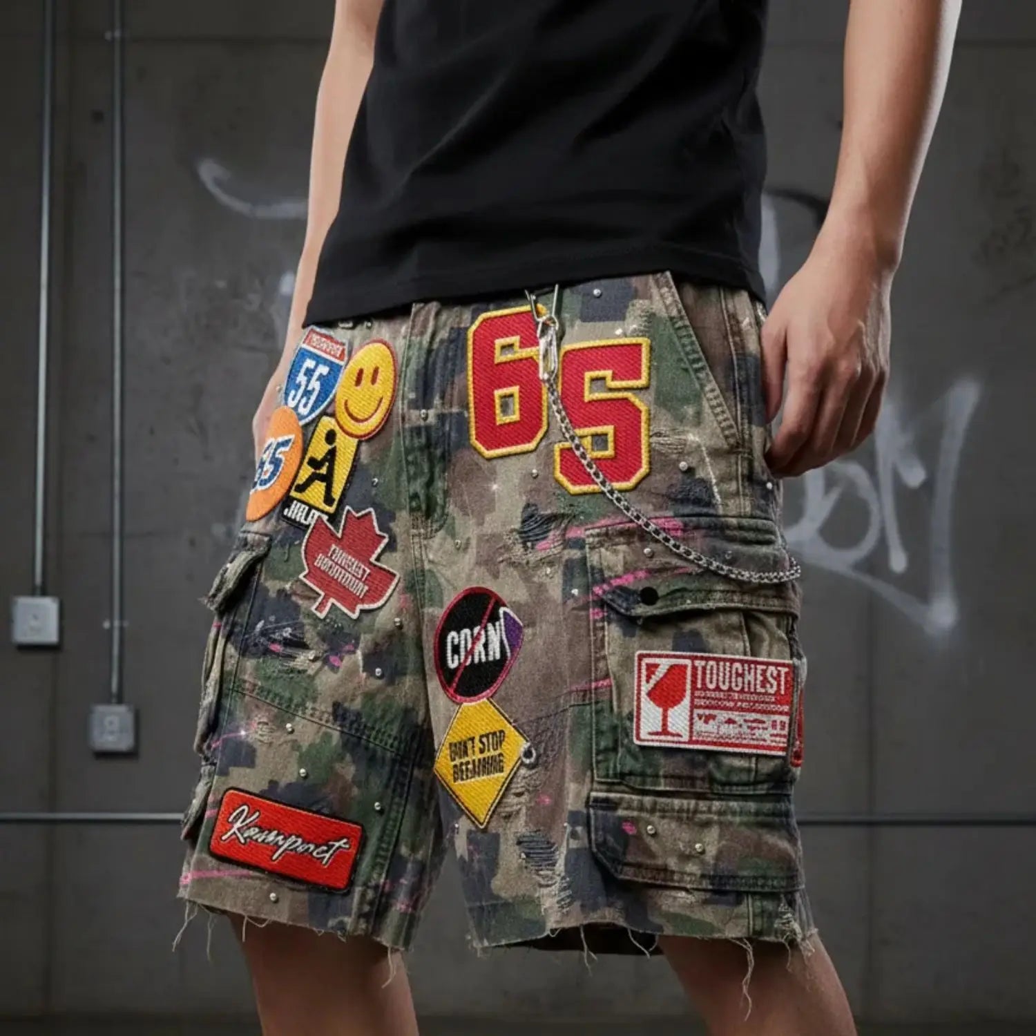 American Retro Camo Embroidery Patch Denim Short Jeans