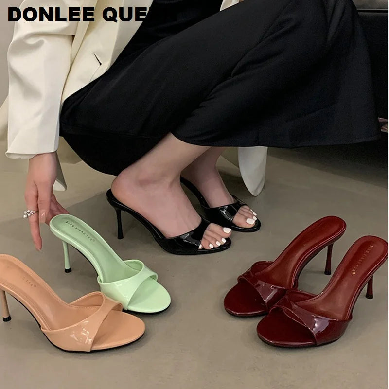 Mule Patent Leather Thin Open Toe High Heel Slides