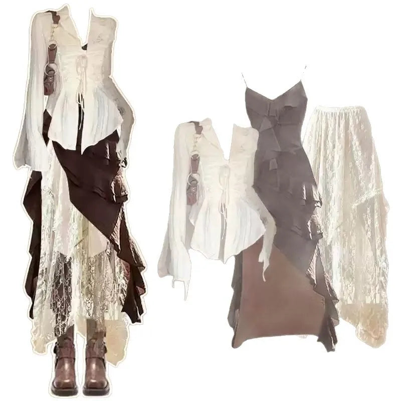 Women's Set with Spring and Autumn Design Fashionable Top+Maillard Camisole Skirt with Versatile Skirt Three Piece Set