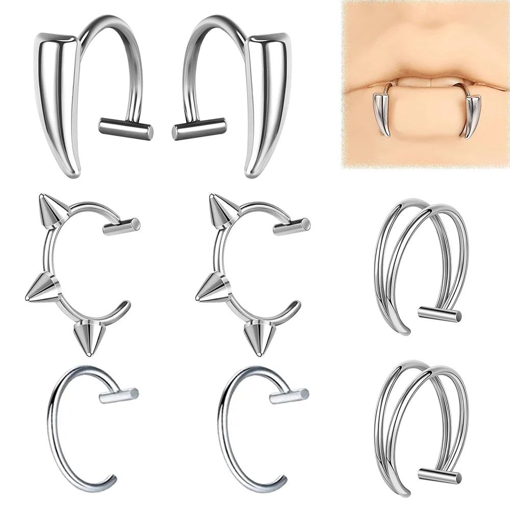 8pcs Stainless Steel Fake Lip & Nose Rings – Adjustable Jewelry