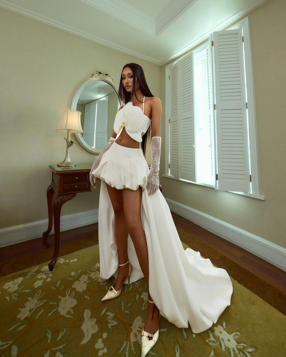 White Asymmetrical Ruffle Skirt / High-Waist Mini to Maxi Party Skirt / Wedding Bridal Long Skirt with Trail, Cute Fashion Mini