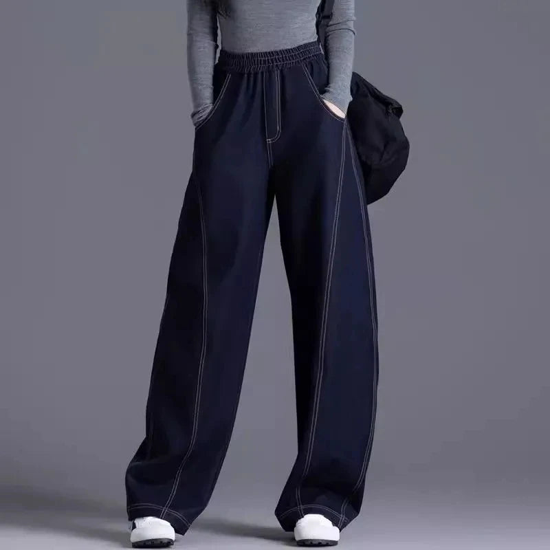 High Waisted Loose Elastic Denim Wide Leg Pants