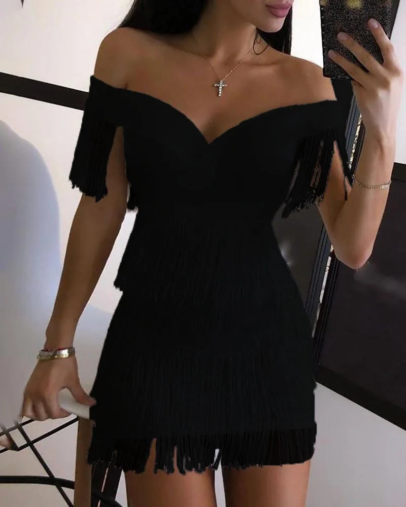Sexy Off-Shoulder V-Neck Fringed Evening Dress