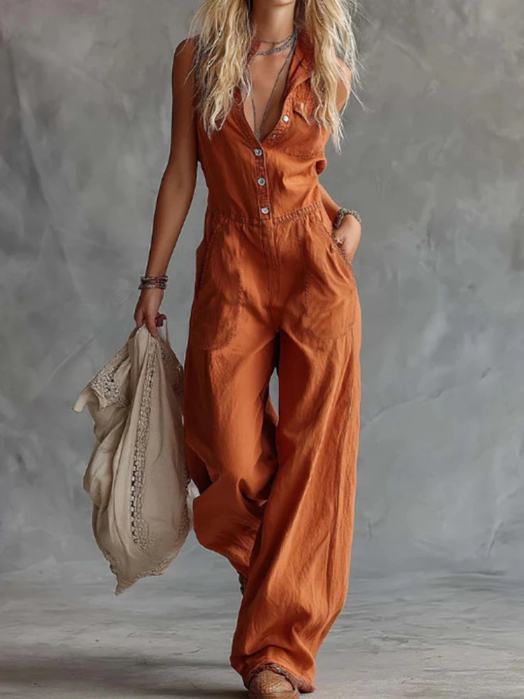 Chic Sleeveless Button Patchwork Jumpsuit