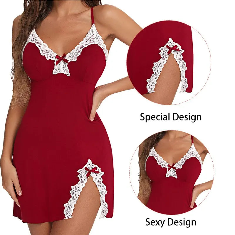 Lace Silk  Split Hem Satin V-Neck Nightgown