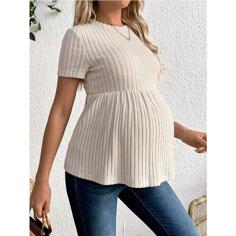Maternity clothes Maternity Ribbed Short Sleeve Top Comfortable Pregnancy Clothes Solid Color Ruffles Knitwear Blouse T-Shirts