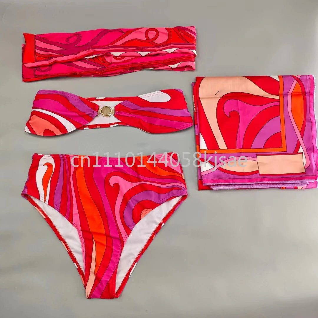Red Scarf Letter Headband Signature Logo Bikini Sets