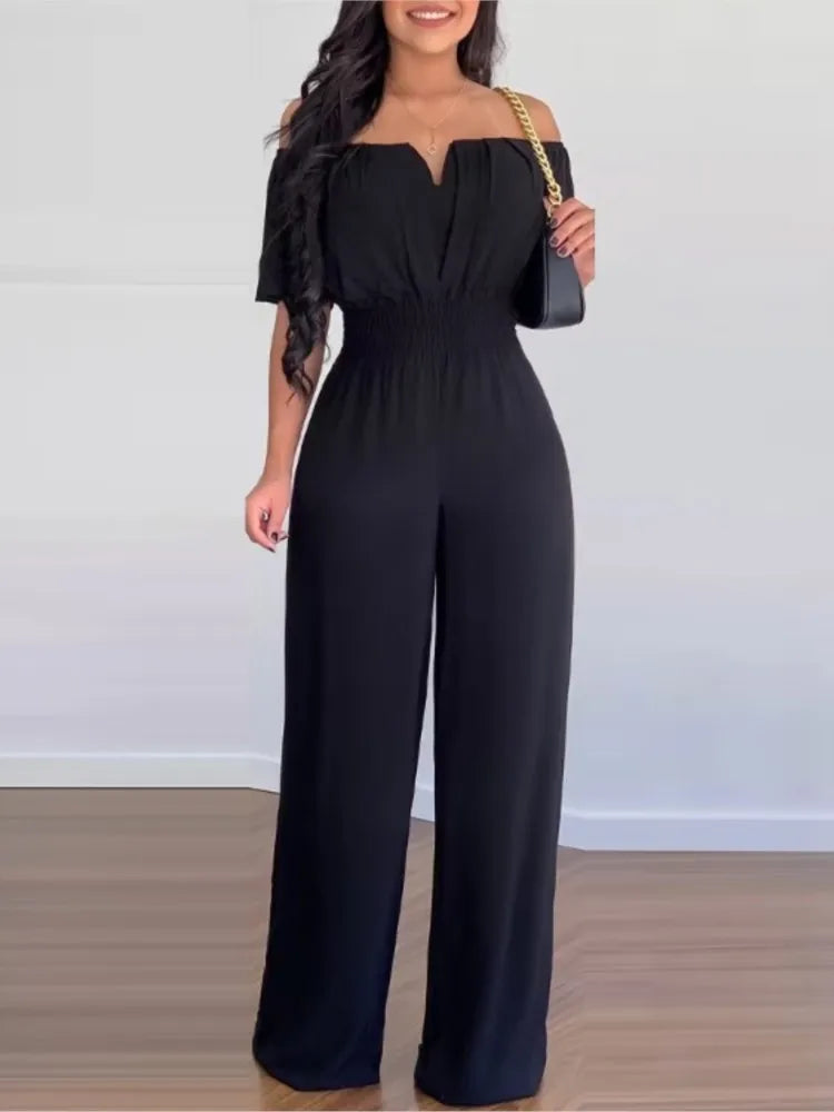 Lady Print High Waist Off Shoulder Wide Leg Pants Jumpsuit