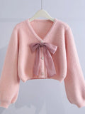 Loose Bowknot Knitted Korean Sweet Pink Cardigan