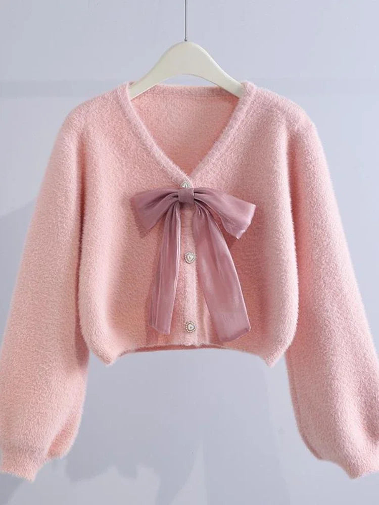 Loose Bowknot Knitted Korean Sweet Pink Cardigan