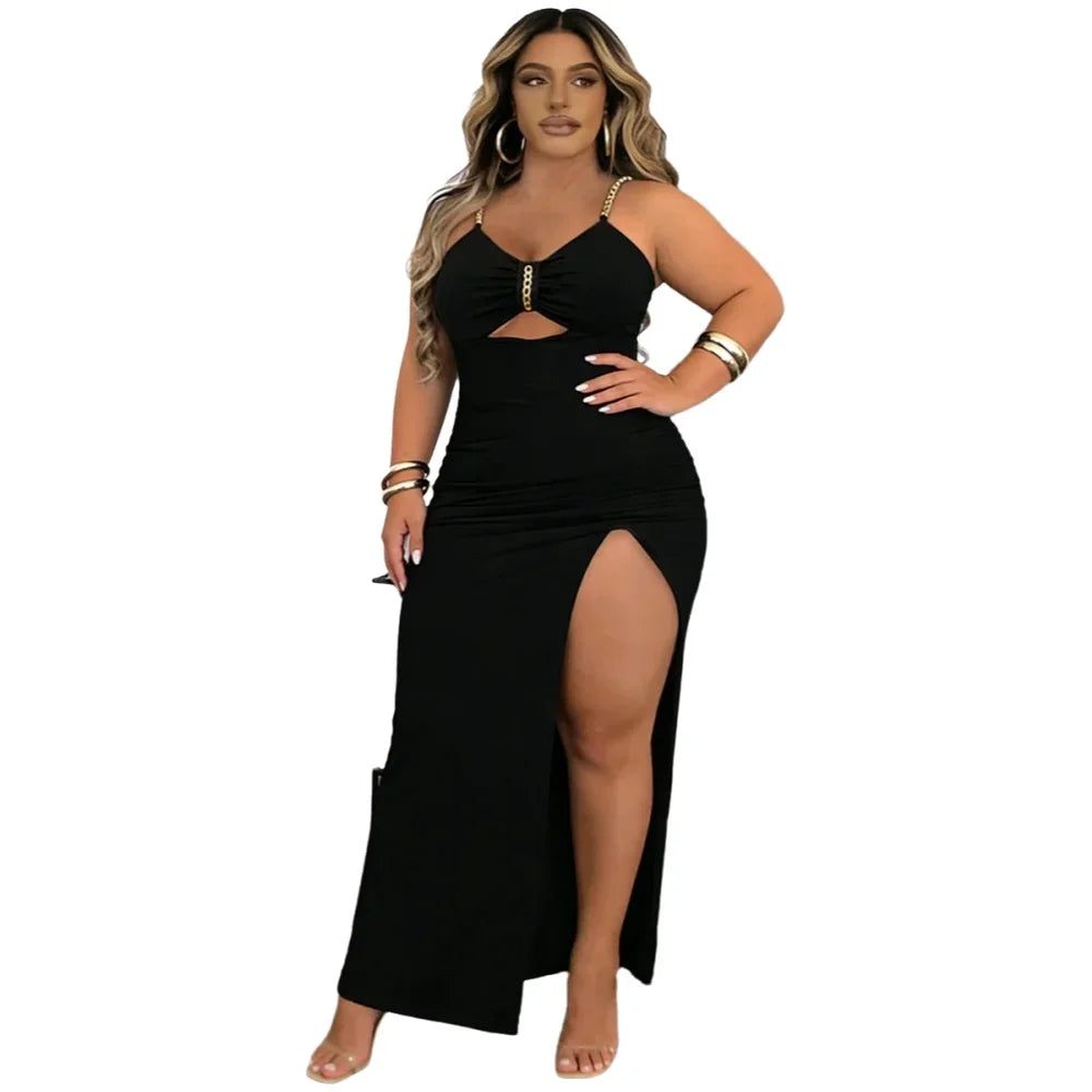 Chain Strap Cutout Ruched Bodycon Maxi Dress