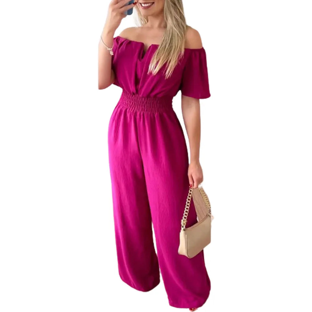 Lady Print High Waist Off Shoulder Wide Leg Pants Jumpsuit