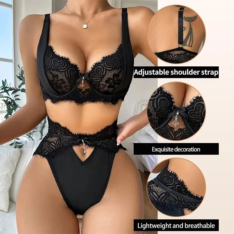 Black Lace Patchwork and Pendant Decoration Lingerie