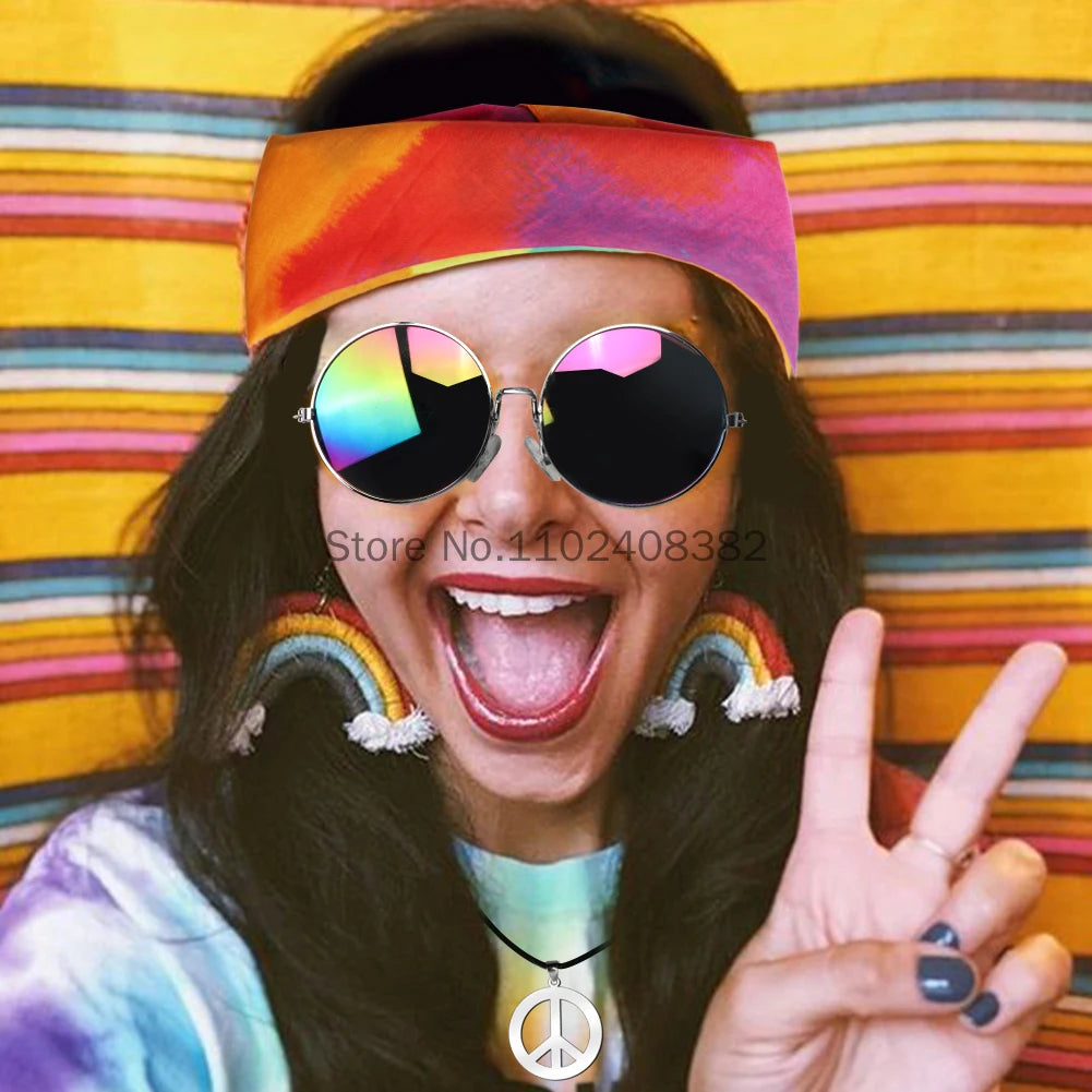 Women 70s 80s Hippie Cosplay Accessories Halloween Party Props Daisy Headband Sunglasses Peace Necklace Hippie Custome wearing