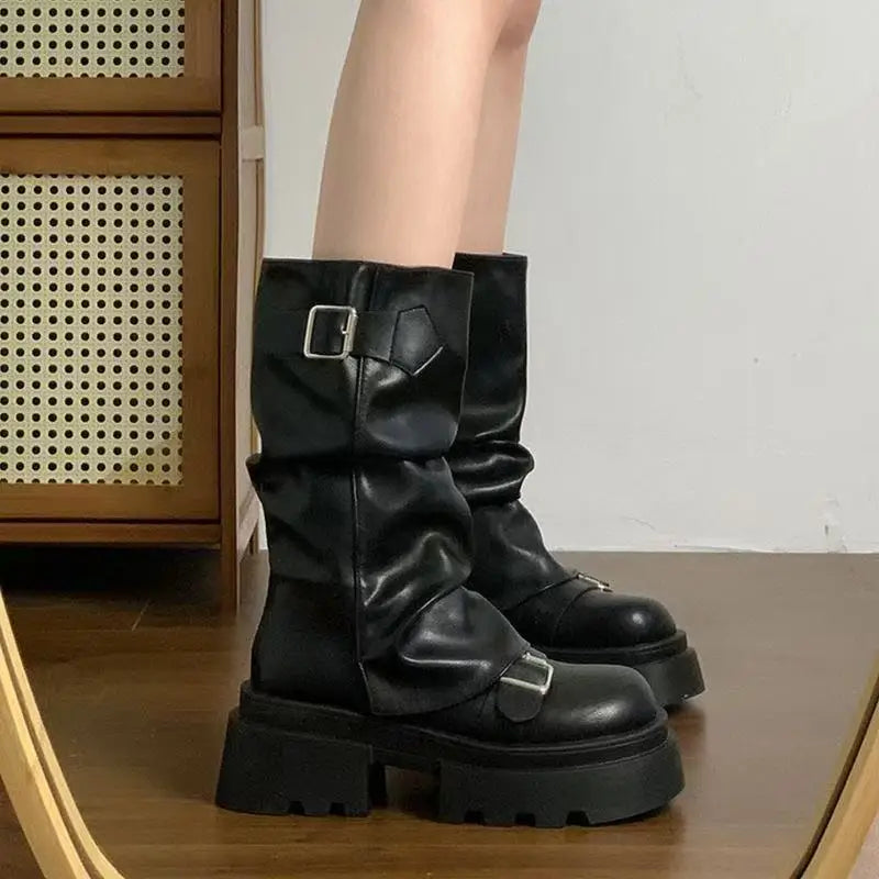 Mid-Calf Belt Buckle Square Platform Modern Boots