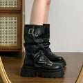 Mid-Calf Belt Buckle Square Platform Modern Boots