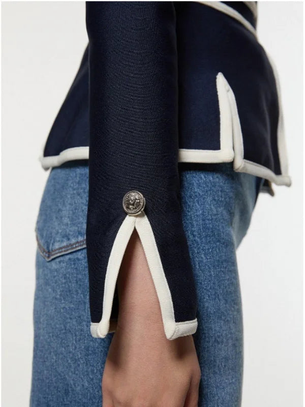 Round-neck Striped Buttoned Zipper  Sweater Jacket