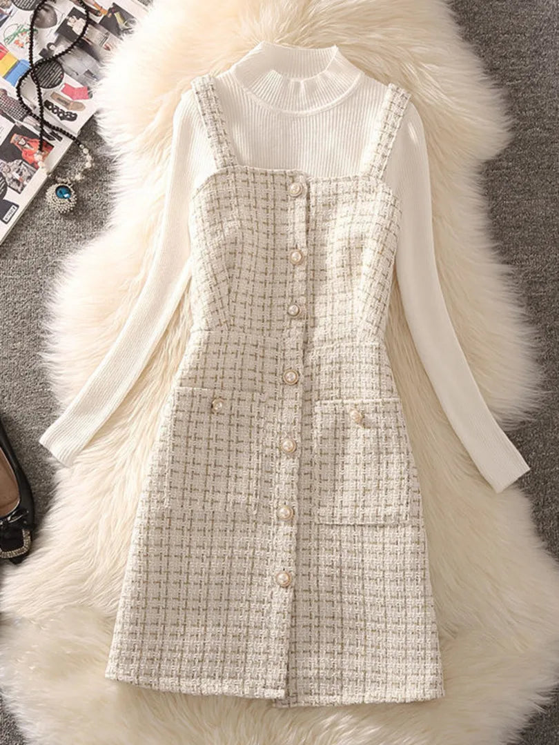 Bowtied Collar White Blouse Mini Tweed Dress