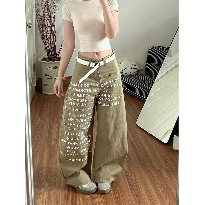 Harajuku Letter Print Baggy Vintage Khaki Jeans