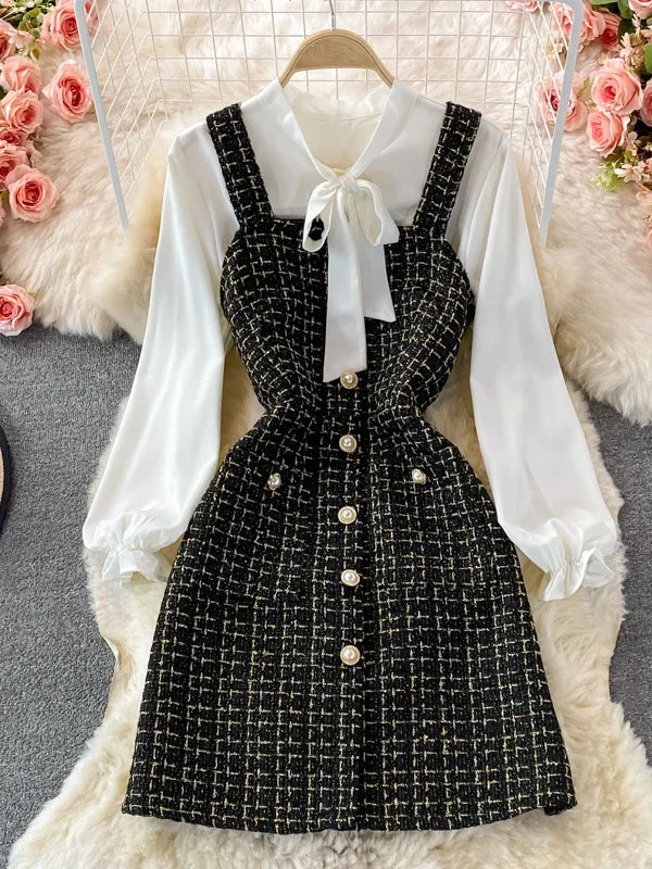 Bowtied Collar White Blouse Mini Tweed Dress