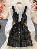 Bowtied Collar White Blouse Mini Tweed Dress