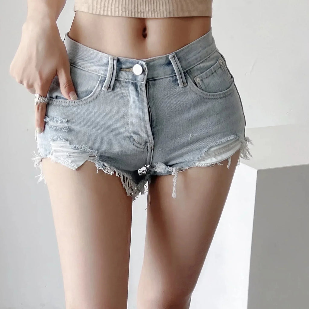 Denim Washed High Waist Hole Spliced Shorts