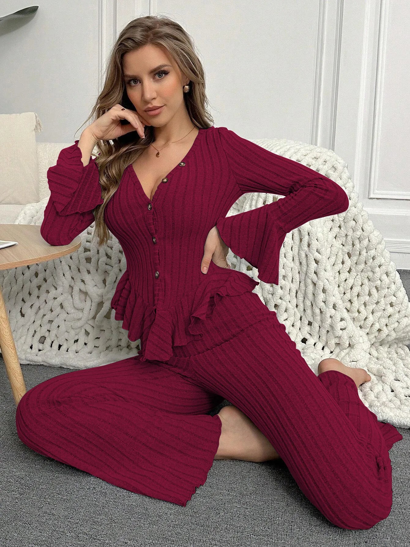 Sexy V Neck Long Sleeve Top and Trouser Loungewear Set