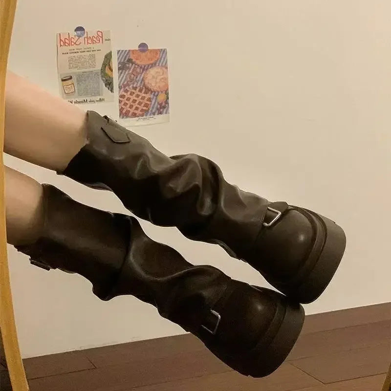 Mid-Calf Belt Buckle Square Platform Modern Boots