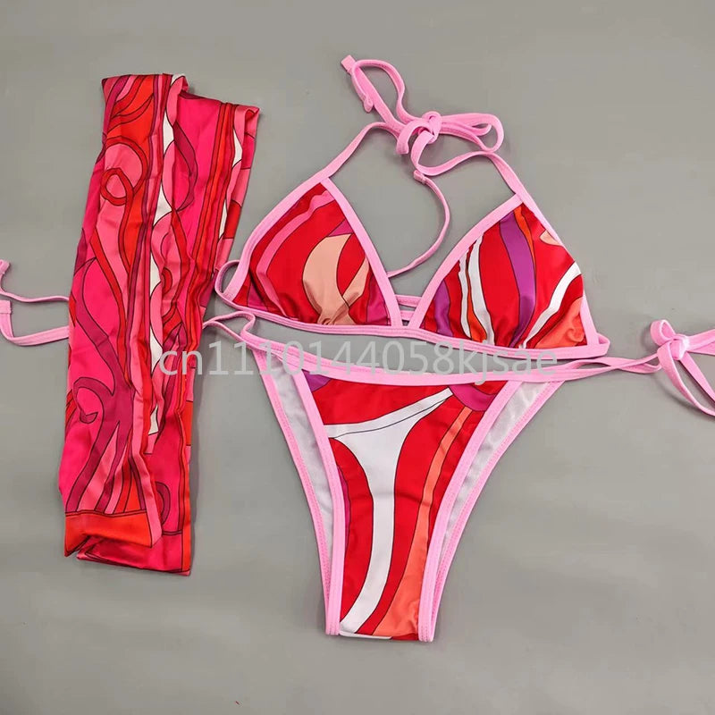 Red Scarf Letter Headband Signature Logo Bikini Sets