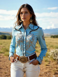 Turn Down Collar Floral Printed Western Cowboy Blouse
