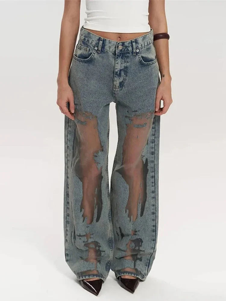 Hollowed Out Gradient Wide Leg Jeans