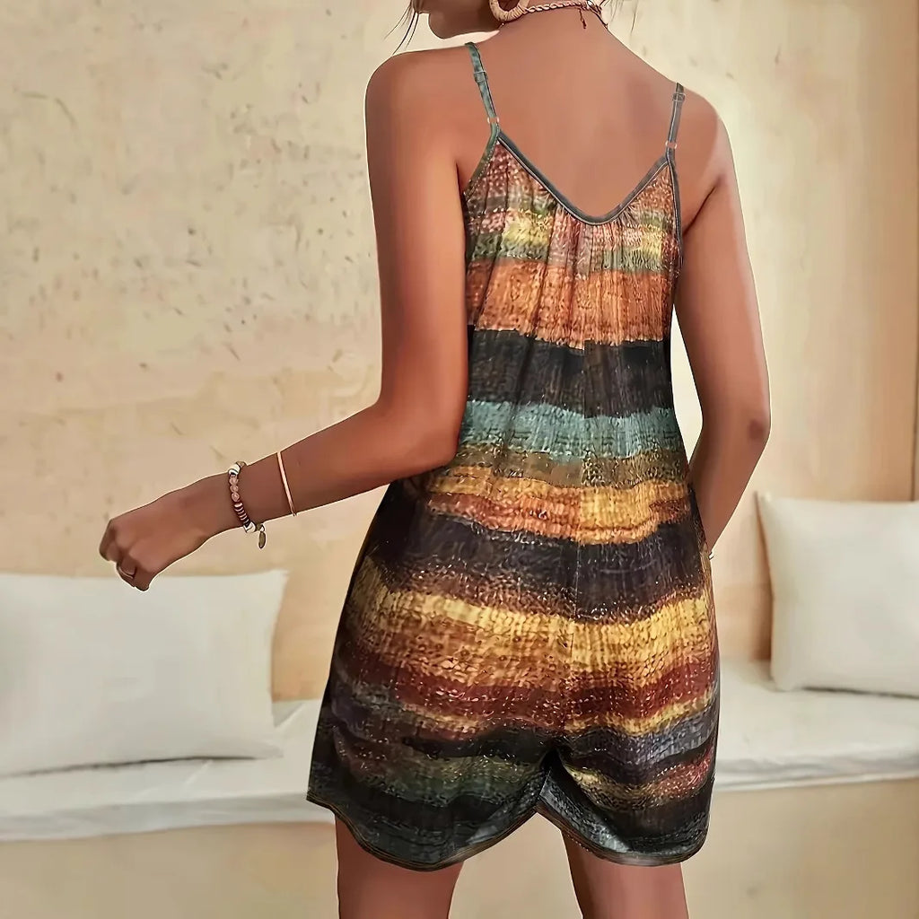 Retro Color-Contrast Literary Print Jumpsuit