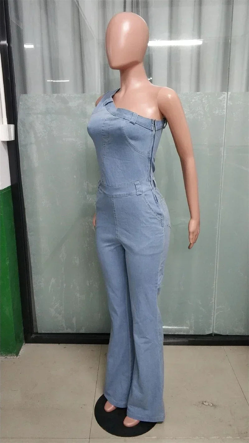 One Shoulder Denim Flare Playsuit