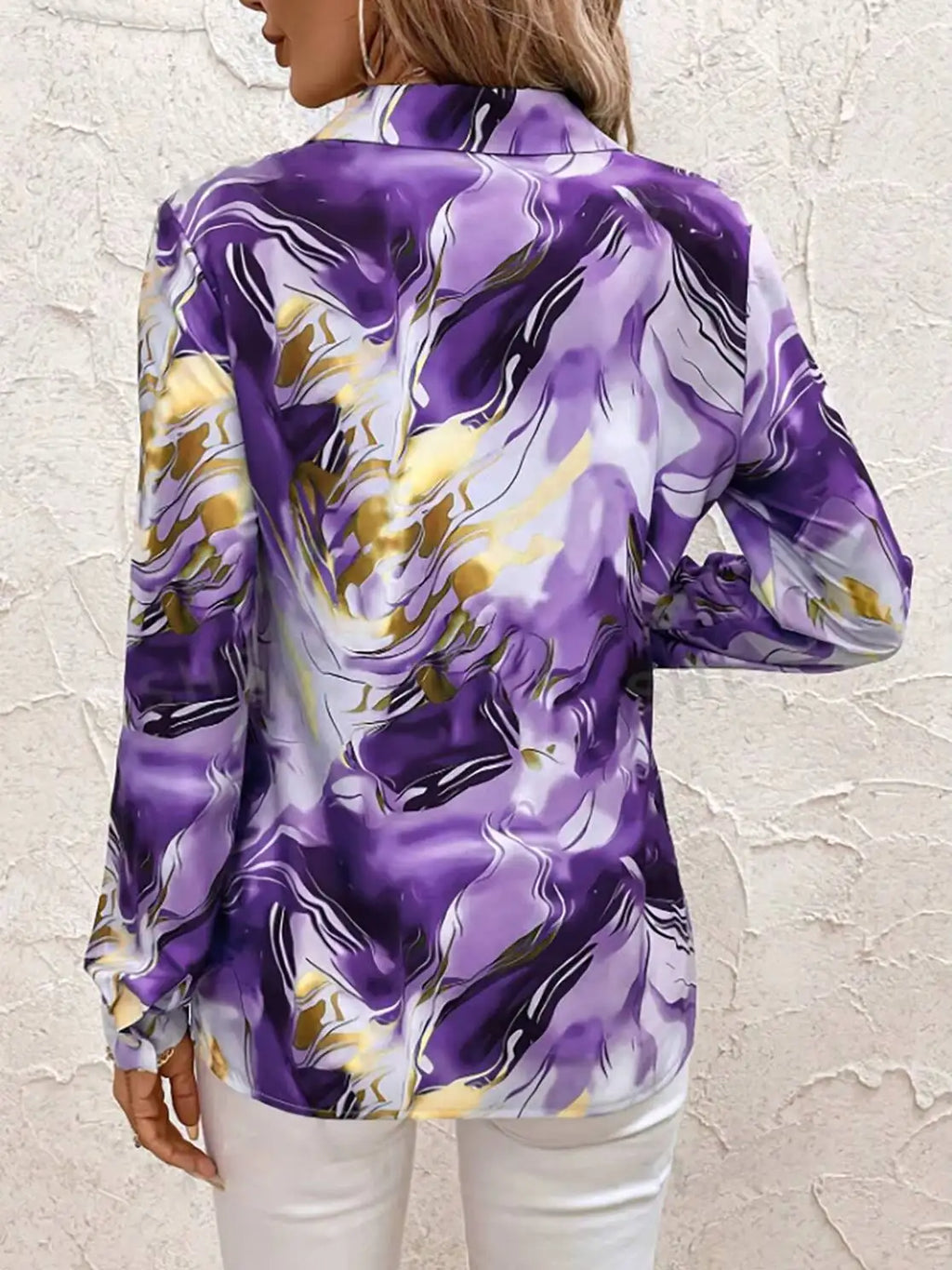 Satin Purple Gold Marble Print Collared Blouse