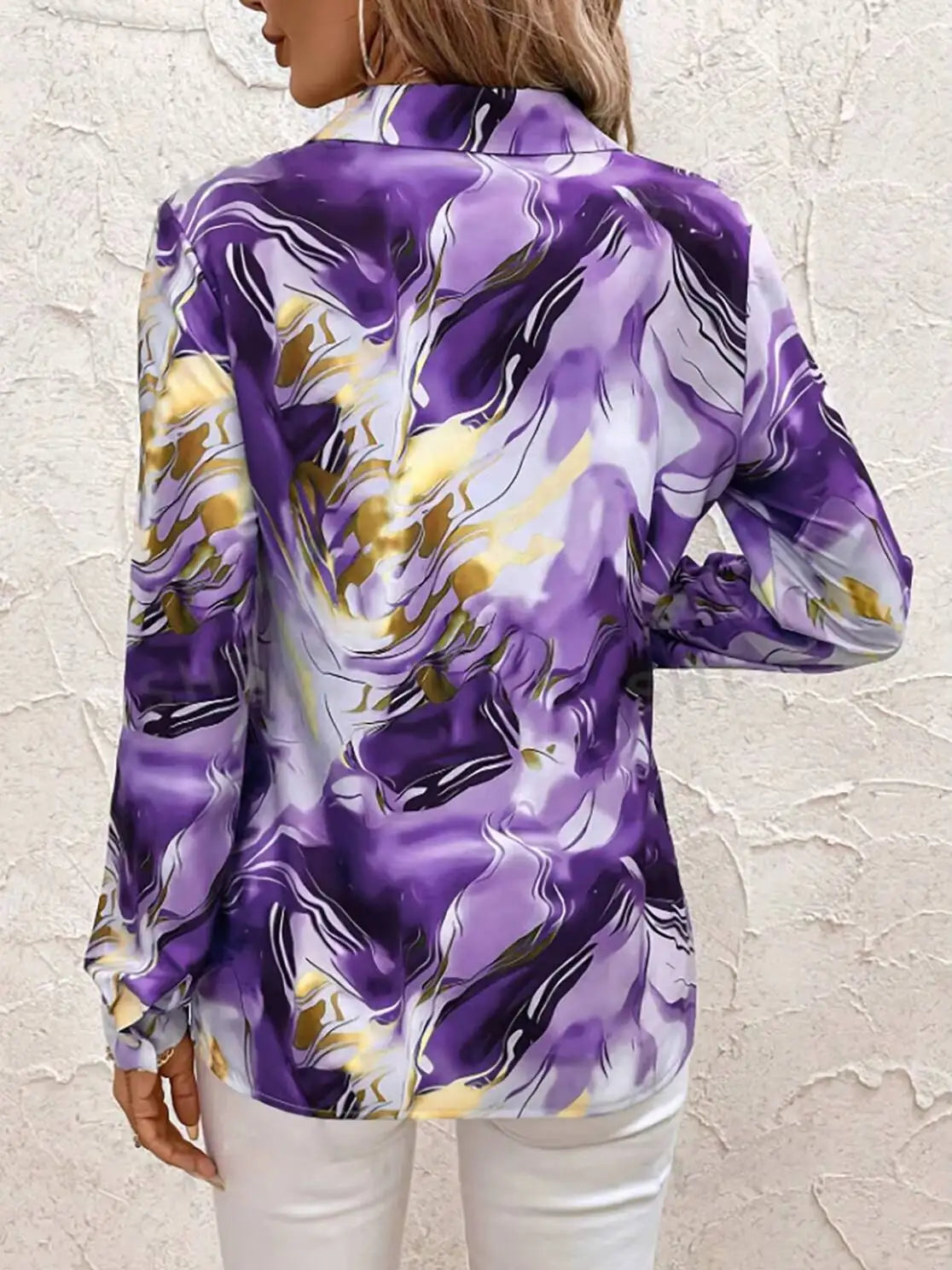 Satin Purple Gold Marble Print Collared Blouse