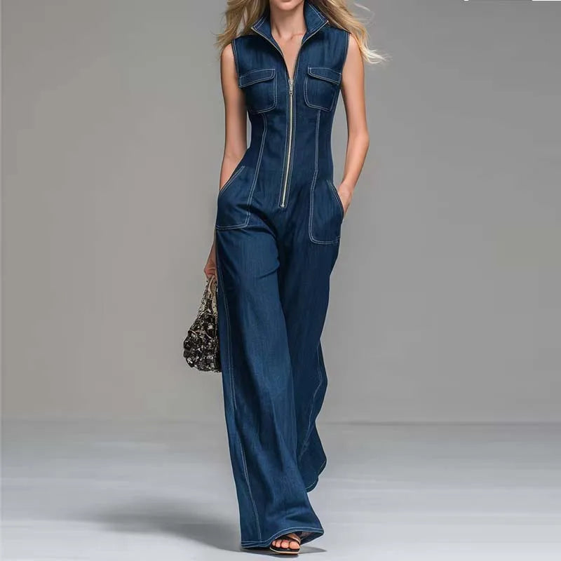 Women Sleeveless Denim Jumpsuit High Waist Wide Leg Cargo Pants Front Zipper Smart Casual Work Overalls Stretch Jean Jumpsuit