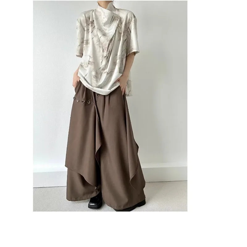 Multi-Button Wide-Leg Culottes Pants