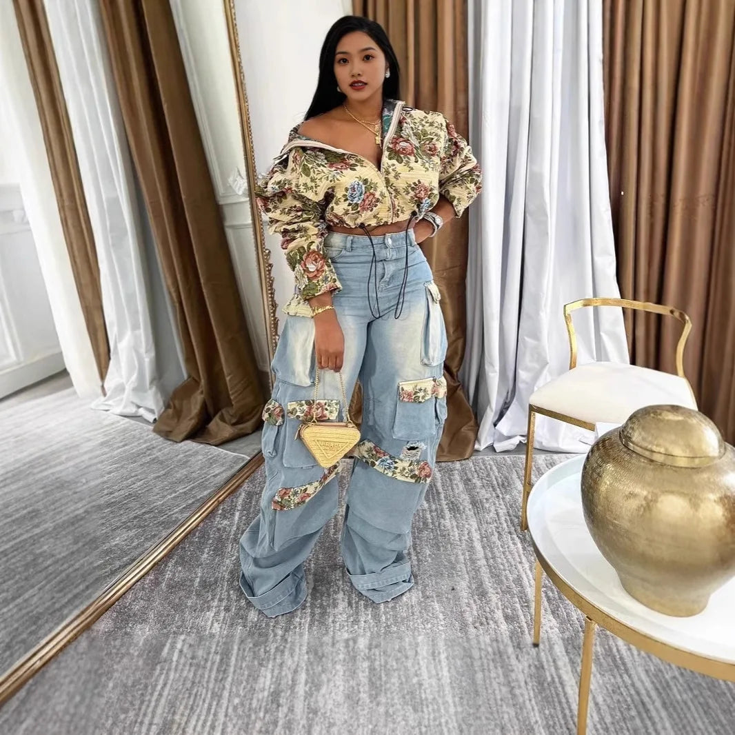 Printed Matching High Waist Straight Jeans Single Breasted Turn Down Collar Set