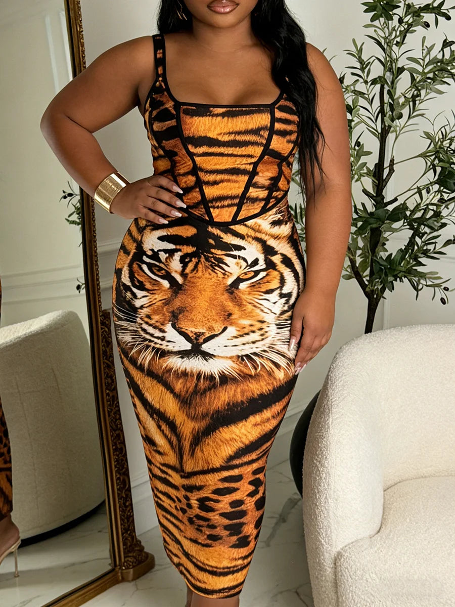 Square Neck Spaghetti Strap Tiger Print Corset Bodycon Midi Dress