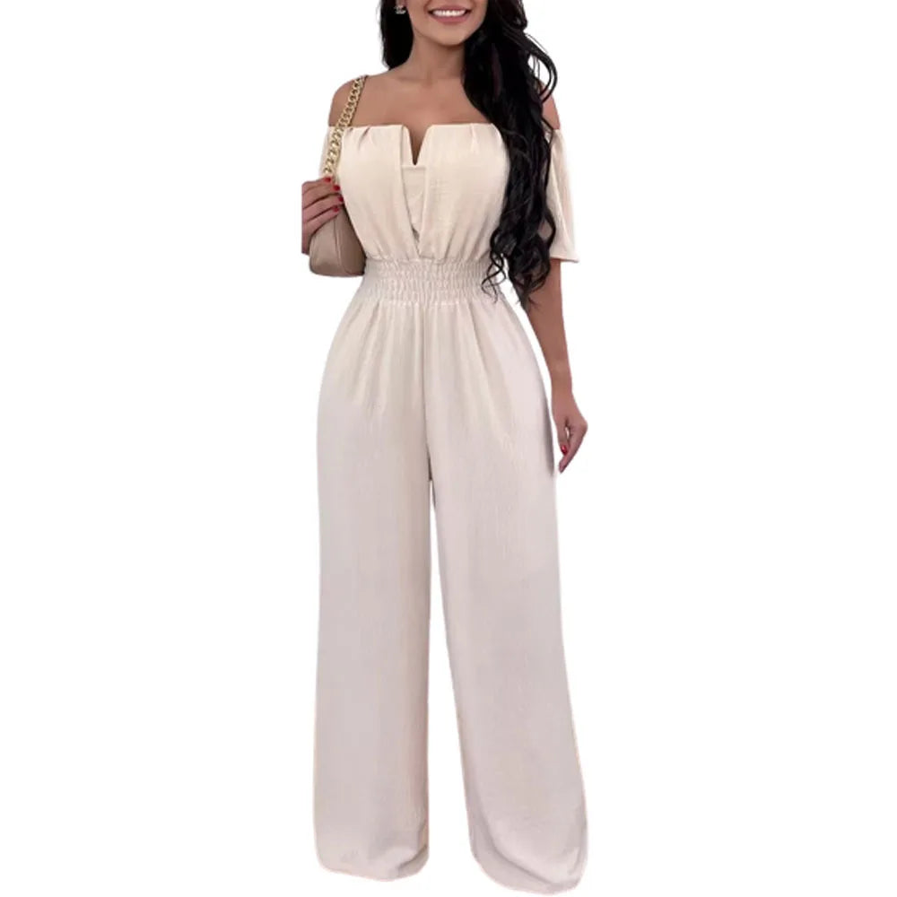 Lady Print High Waist Off Shoulder Wide Leg Pants Jumpsuit