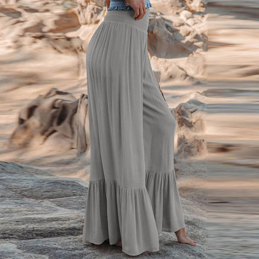 Plus Size Solid Color High Waist Cinched Wide-Leg Casual Pants Daily Wear Loose Fit Stylish Versatile Soft Fabric Long Trousers