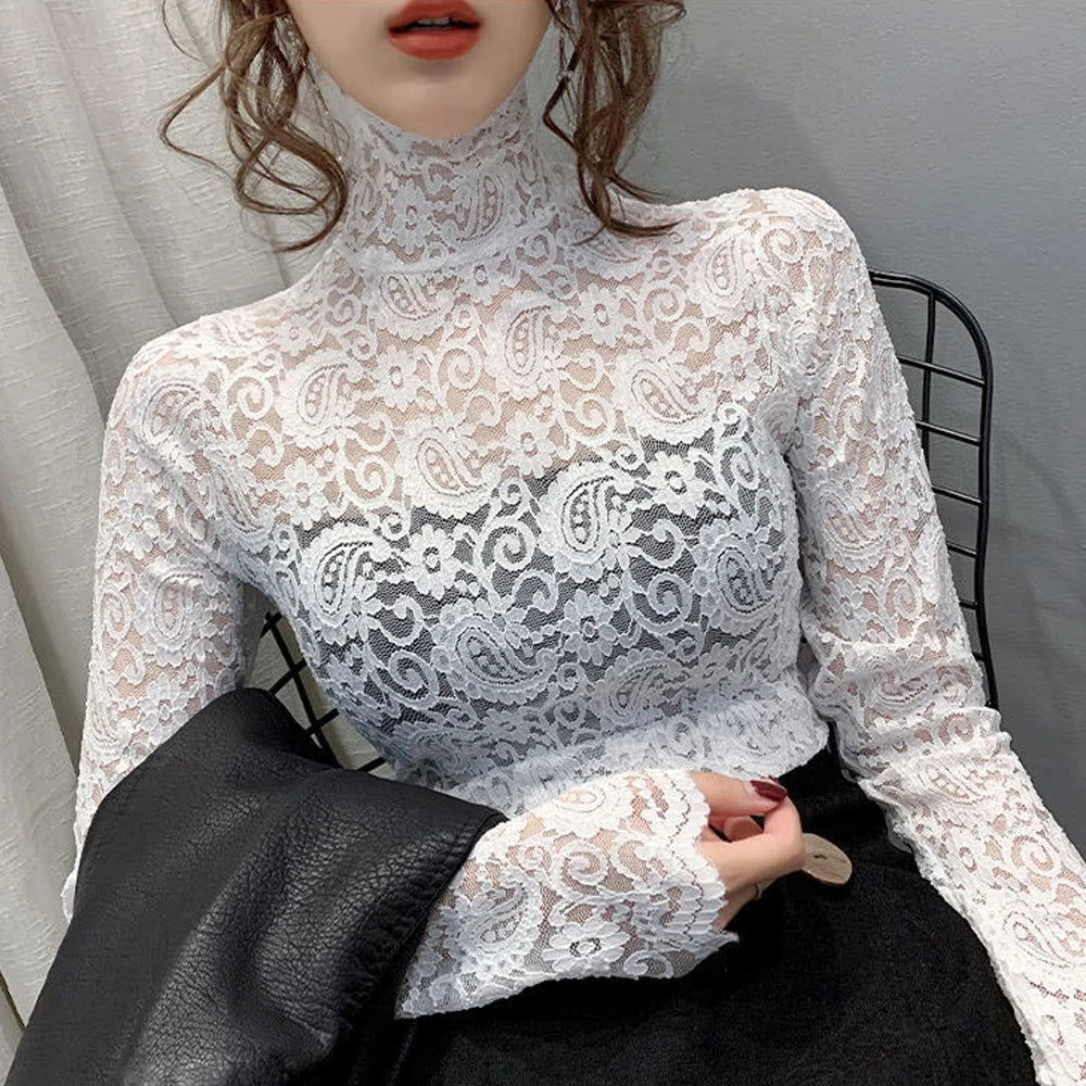 Transparent Lace Stretch Turtleneck Petal Sleeve Blouse