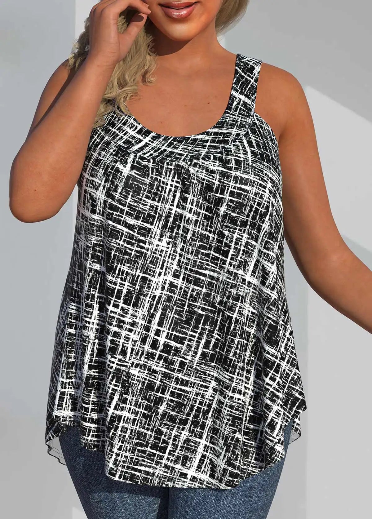All Over Print Round Neck Casual Tank Top